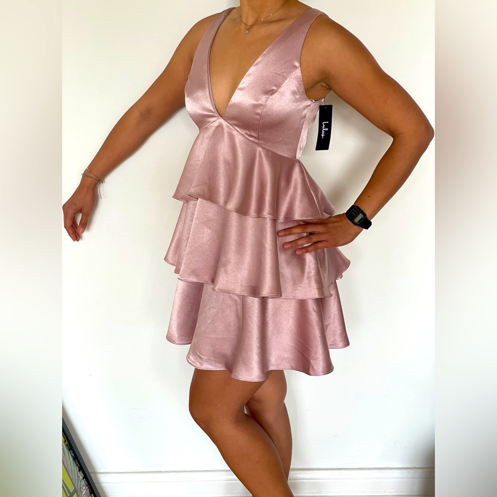 Lulu’s Tiers of Joy Pink Satin Tie-Back Tiered Mini Dress